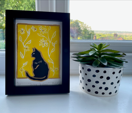 Black Cat Linoprint Print-"Summer Daydream"