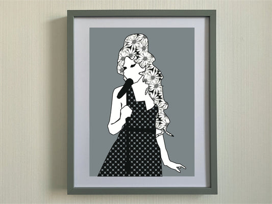 Amy Winehouse Print-Flower hair-Grey ,white and black