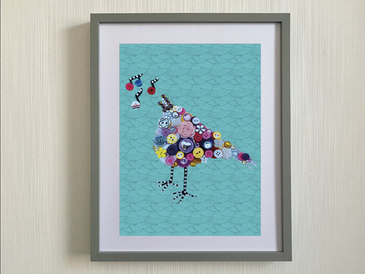 Bird Print -Print of handmade singing button bird art