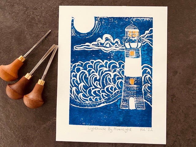 Lighthouse Linoprint -"Lighthouse By Moonlight"