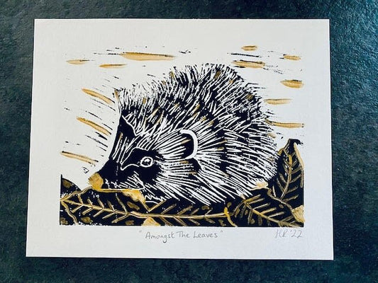 Hedgehog Linoprint -Amongst the Leaves