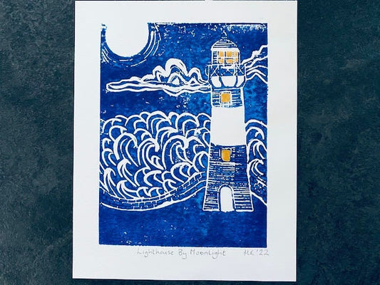 Lighthouse Linoprint -"Lighthouse By Moonlight"