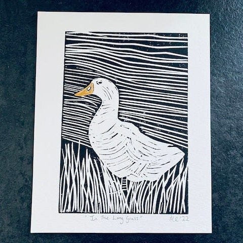 Duck Linoprint-"In The Long Grass"