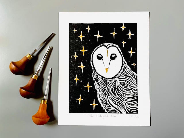 Owl Linoprint-"The Midnight Hour"