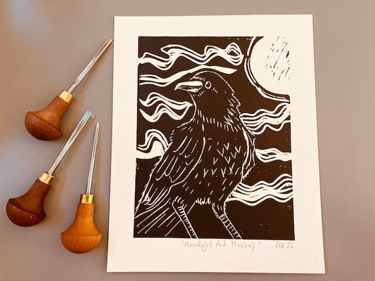 Crow Linoprint-"Moonlight And Mischief"