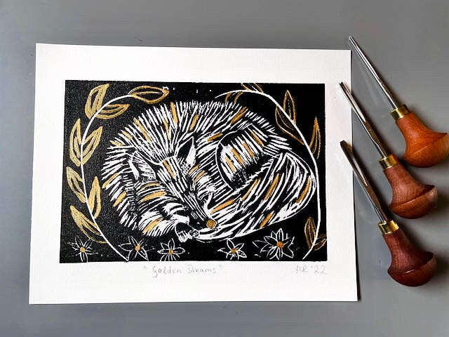 Fox Linoprint-"Golden Dreams"