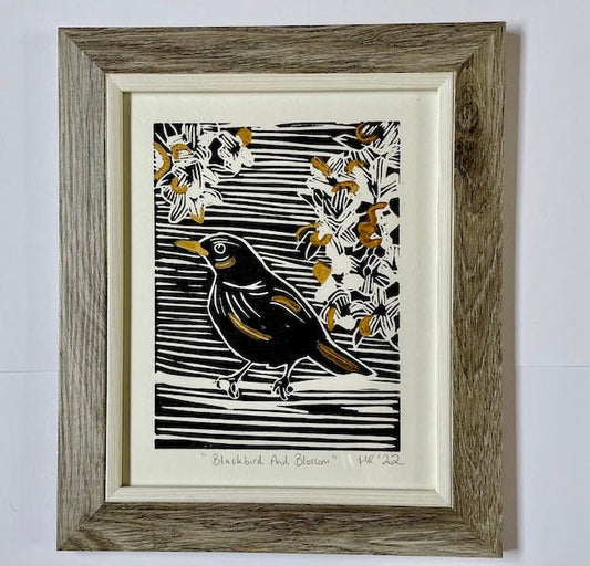 Blackbird Linoprint - Blackbird and Blossom